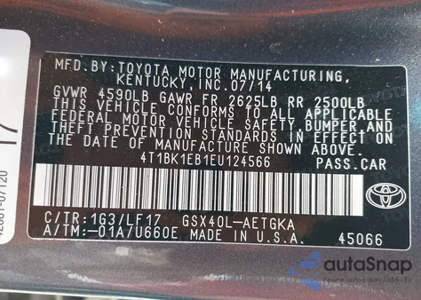 2014 Toyota Avalon Xle Premium z USA, uszkodzony, nr VIN 4T1BK1EB1EU124566